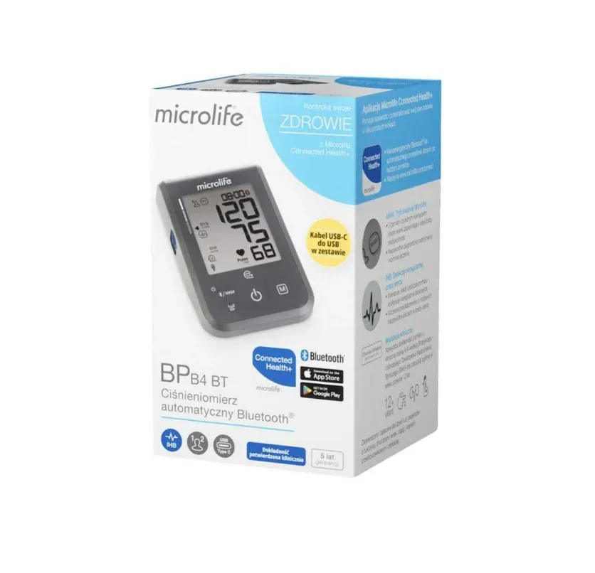 Microlife BP B4 BT Bluetooth® | Digital Blood Pressure Monitor for Home Use | Fully Automatic Upper Arm BP Machine | Large LCD Display | Memory for 2 Users | Comfortable Cuff (22–42 cm) | Battery Operated or Type-C Data Cable